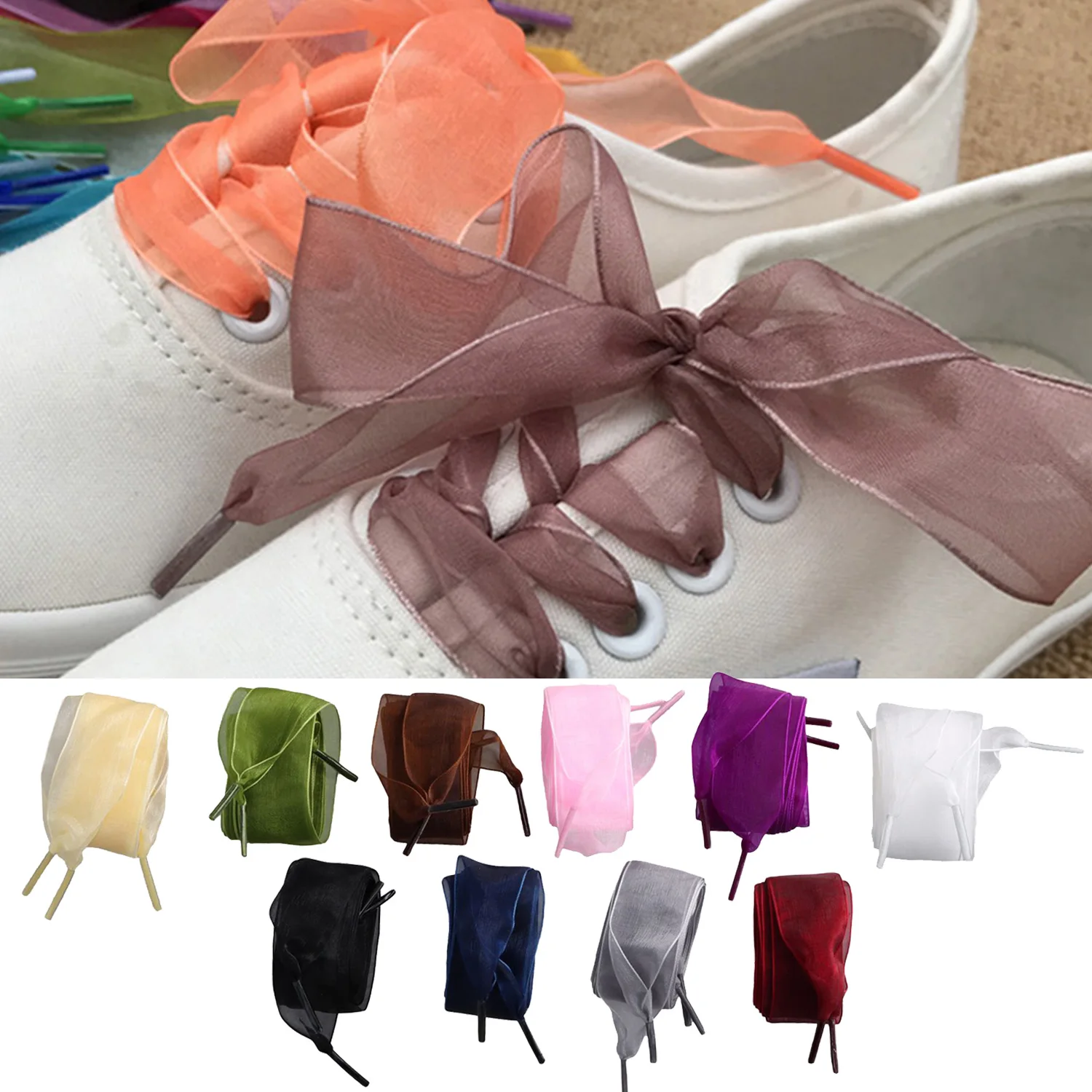 1Pair 120CM Width 2.5cm Flat Silk Satin Shoestrings Ribbon Shoe Laces Sneakers Sport Shoes Lace Bow Fashion Women Shoelaces shoelaces without ties shoe laces shoe accessories