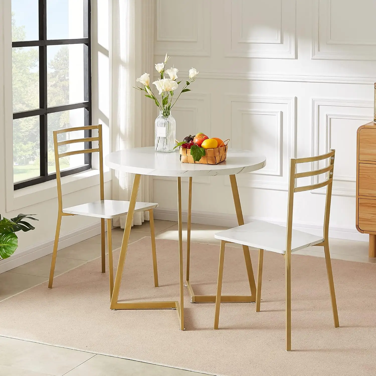 Round Dining Room Table with Wood Grain Tabletop and Steel Frame, for Kitchen, Living Room, Office, Conference, 2 to 4 Person 5