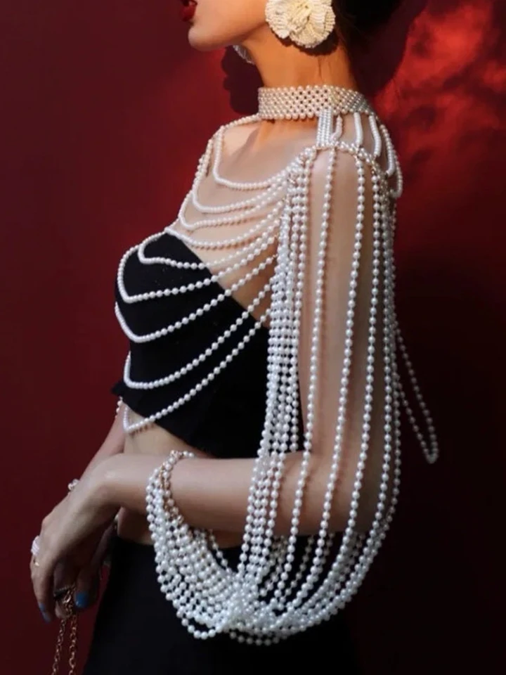 Women Pearl Tank Top Sexy Multiplayer Pearl Tassel Long Sleeve Bra