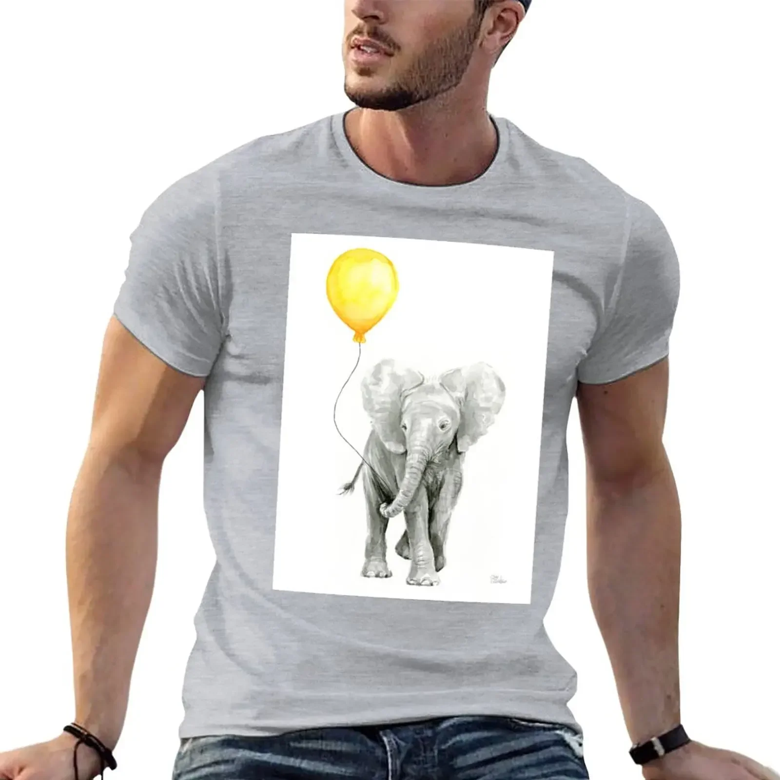 

Elephant Baby Watercolor with Yellow Balloon T-Shirt oversized animal prinfor boys fruit of the loom mens t shirts