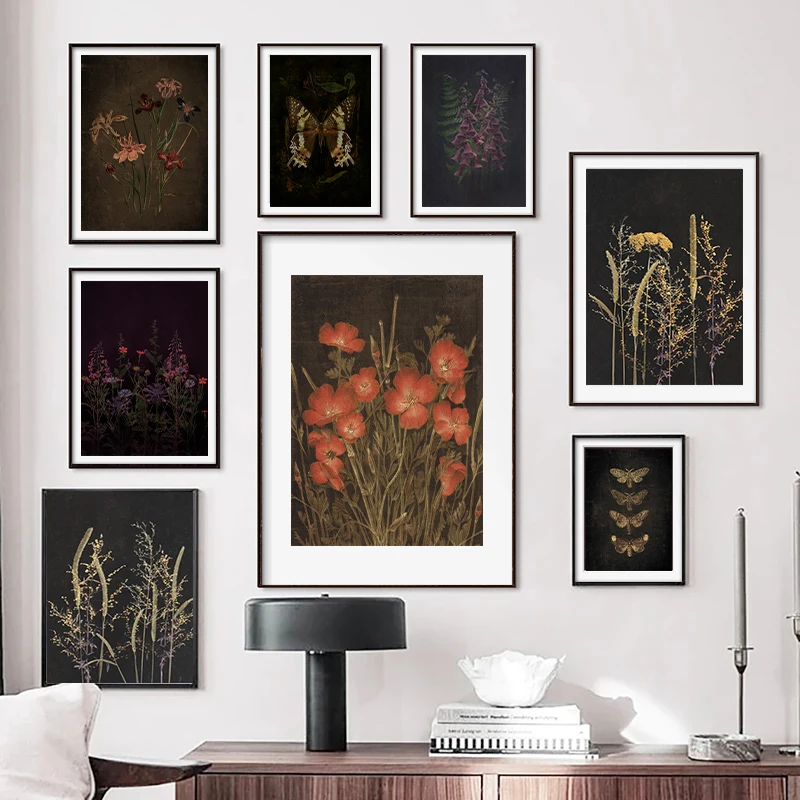 Dark Floral Painting Prints Wildflowers Wall Art Black Botanical Canvas Painting Vintage Flowers