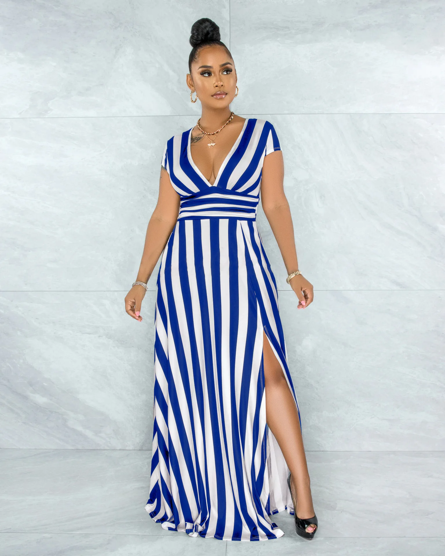 AMUR Janet Pleated Striped Gown in Blue | Lyst