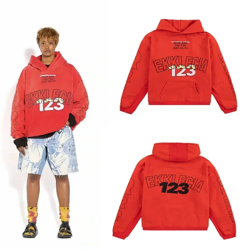 

New Fasion Rrr1 Pure Cotton Plush Hoodie with Red Side Print Patchwork Loose Elastic Couple Hoodie