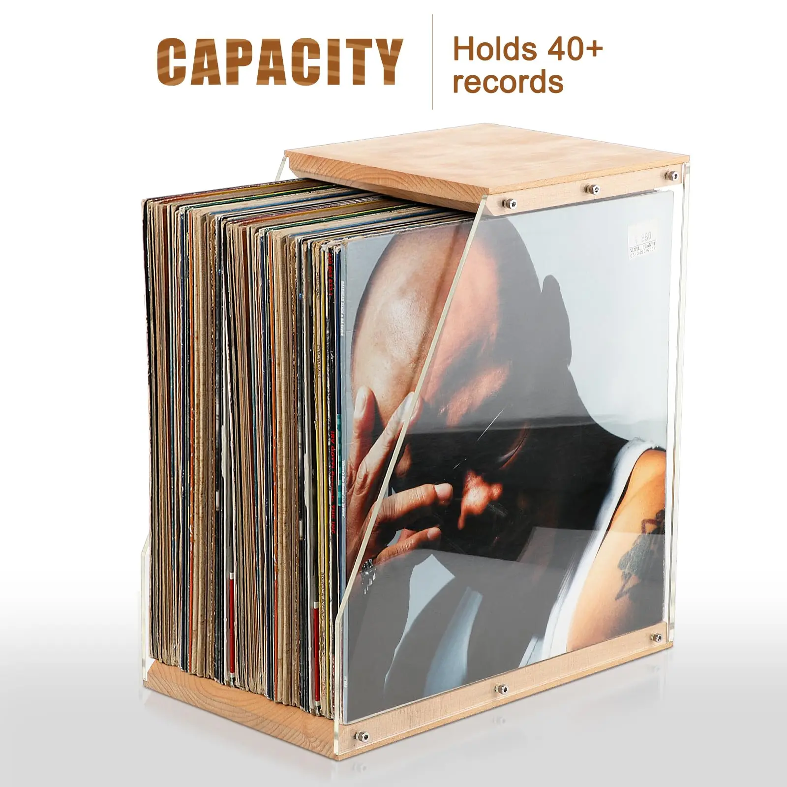 Vinyl Record Storage, Vinyl Record Album Holder, Box Case Crate, Desktop Acrylic & Wooden LP Record Crate, Holds to 40+ Records 3