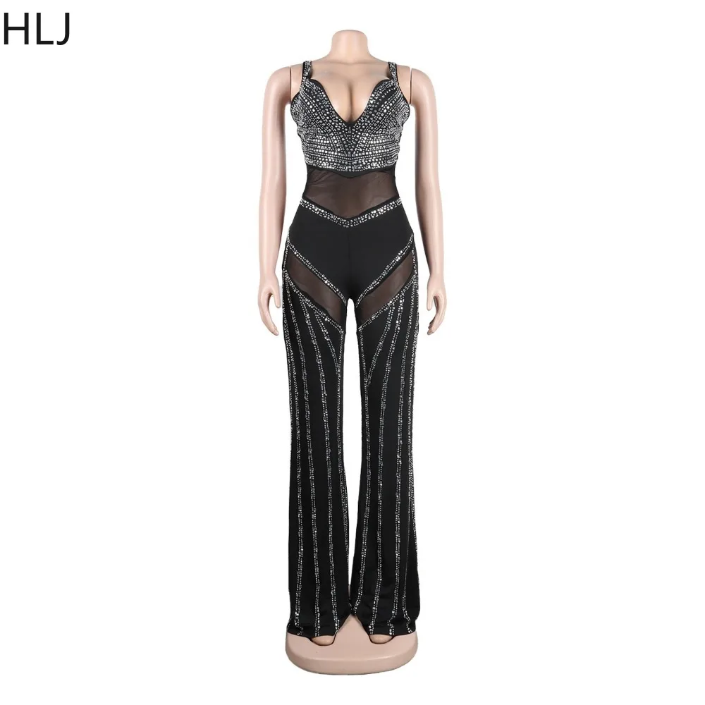HLJ Fashion Deep V Rhinestones Mesh Perspective Party Club Jumpsuits Women Strap Sleeveless Slim Wide Leg Pants Playsuit Overall