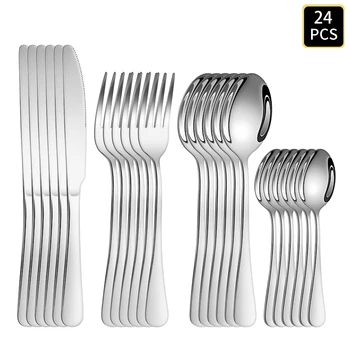 4/6/16/24 pezzi Posate in acciaio inossidabile argento 1010 set di posate coltello, forchetta e cucchiaio con manico rotondo adatto per cene di famiglia in hotel 1