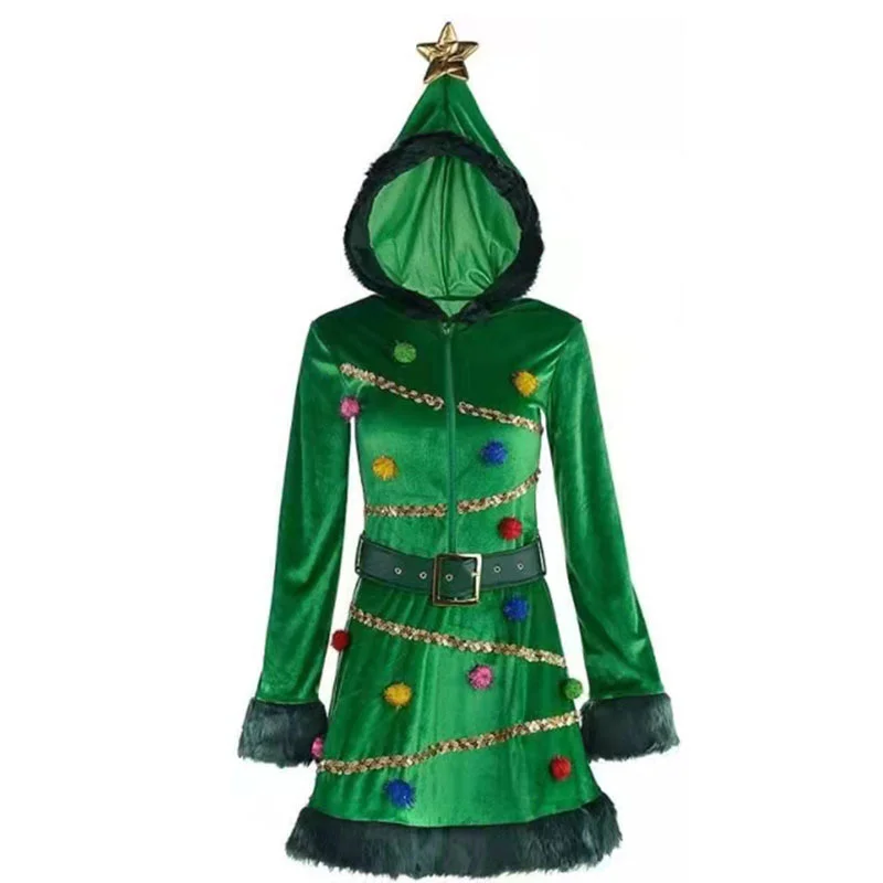 

Women Christmas Tree Green Dress Adult Hooded Sequin Fancy Costume with Belt Pom-pom Christmas Costumes Halloween Carnival Party