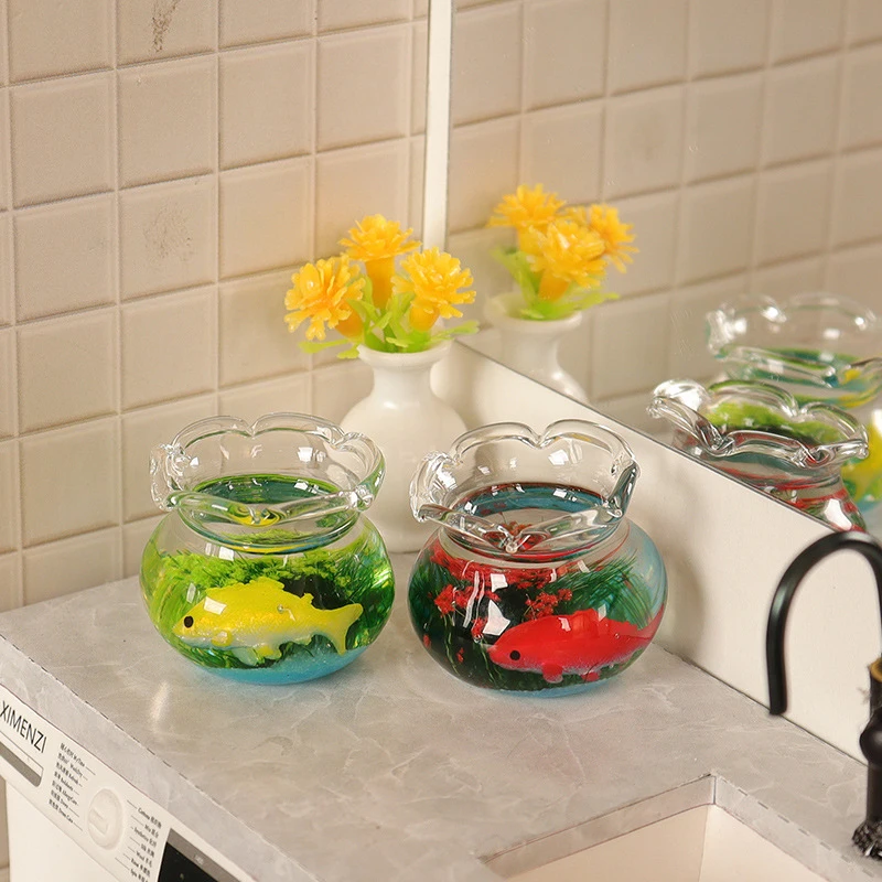 1/6 1/12 Miniature Dollhouse Furniture Accessories Mini Fish Tank Bowl Aquarium Model Toys for Doll House Home Ornament Decor 3