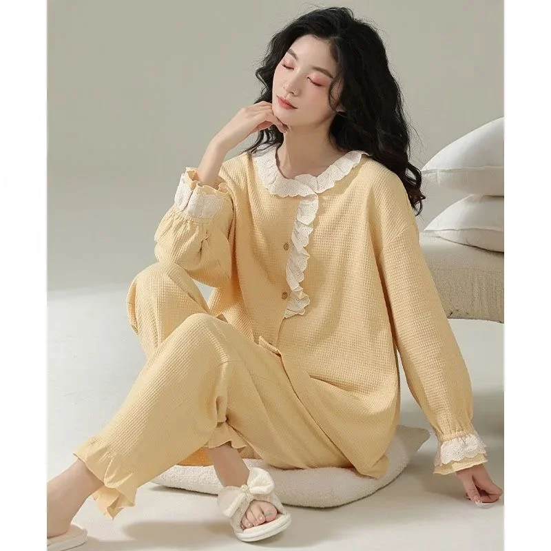 

2024 New Pajama Women Spring Autumn Loungewear Long-sleeved Suit Cotton Loose Plus Size Sleepwear Can Be Worn Outside Homewear