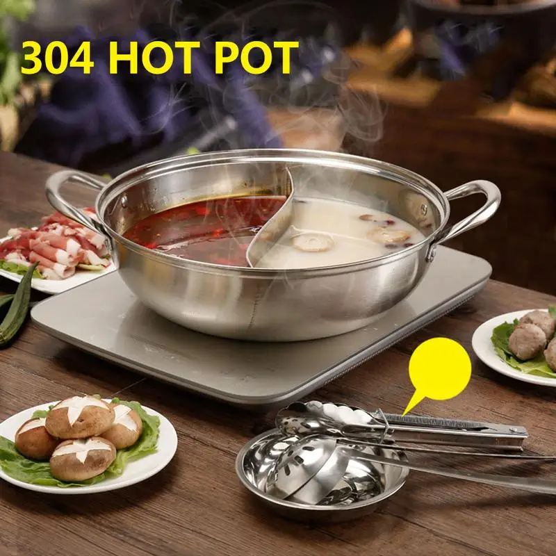 12" Stainless Steel Pot Hot Pot Shabu Shabu Dual Site Divider Cooking  Pot + Lid