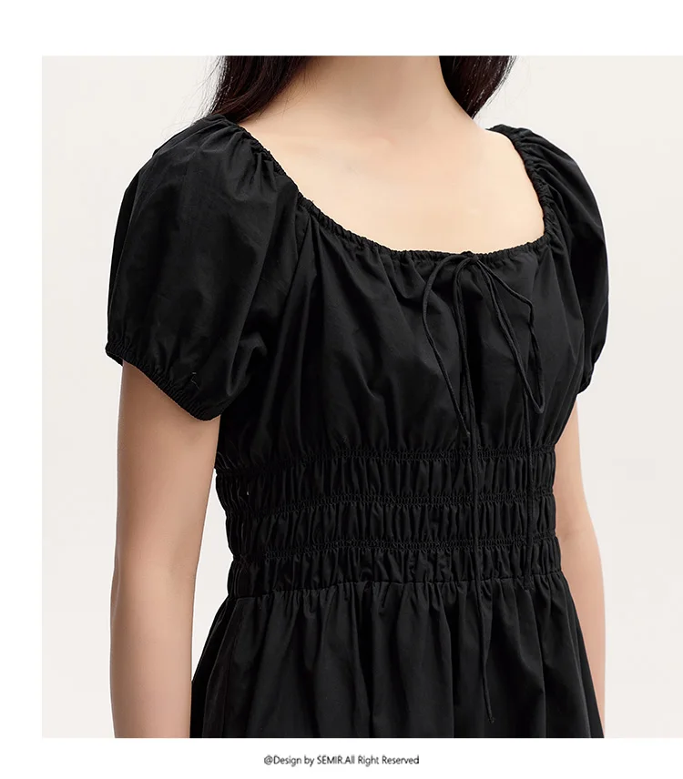 Dress Women Gentle And Elegant Summer New French-Style Square Collar Waist Cinched Mid-Length Fresh
