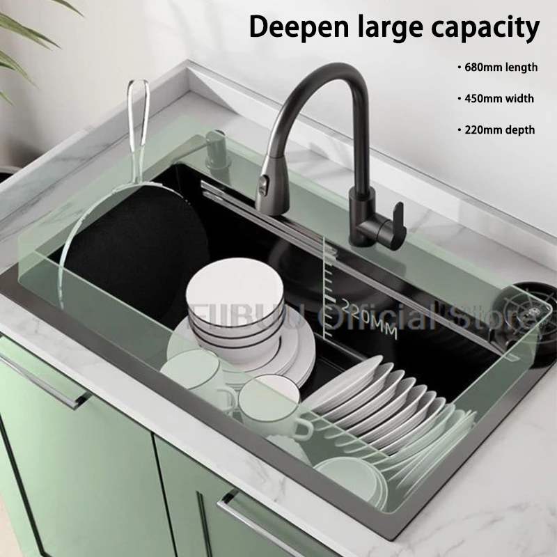 Large Capacity Kitchen Sink Multifunctional Single Bowl Stainless Steel Sink Vegetable Workstation With Faucet Drain Accessories