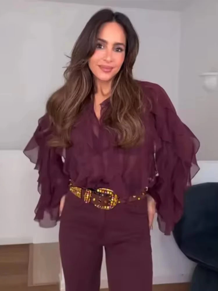 قمصان وبلوزات أنيقة مكشكشة أنيقة للنساء 2025 بلوزات شبه شفافة بأكمام طويلة للنساء قميص ربيعي وبلوزة