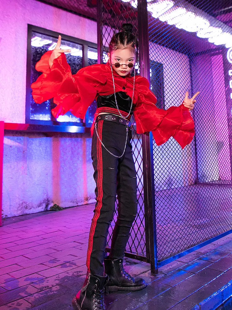 ZZL Urban Dance Girl Costume K-POP Stage Suit Children Jazz Dance Fashionable Clothes 3 Pcs Red and Black Suit Catwalk Wear