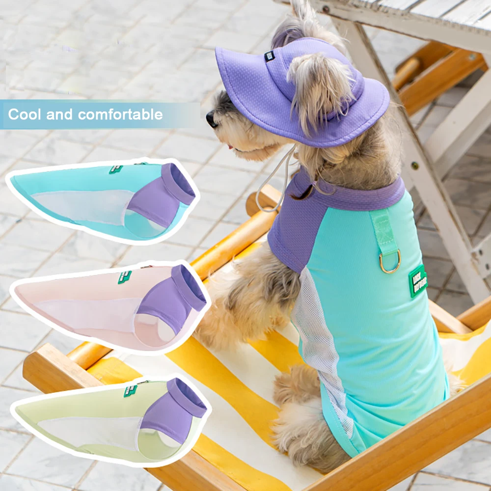 Harnais-gilet respirant en maille rafraîchissante pour chien et chat avec chapeau de soleil intégré, vêtement d'été doux et ajustable pour chiots, chatons et petits chiens_voghion.com