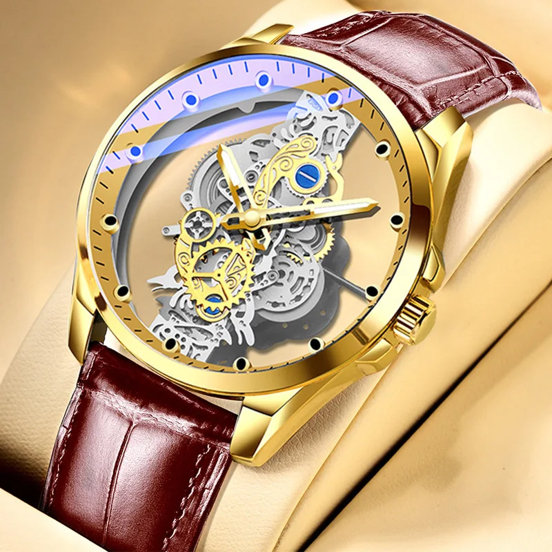 

Fashion Design Double Hollow Transparent Watch Men Imitation Mechanical Tourbillon Watches Luminous Dial Quartz Wristwatches Men