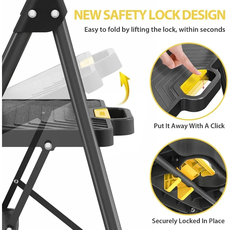 3 Step Ladder, Sturdy Steel Step Stool with Anti-Slip Wide Pedals, Handrail, Safe-Lock Design, Pass 800lbs L 2