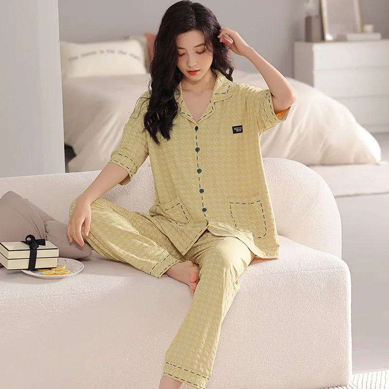 Summer Women's Thin Pure Cotton Pajamas Lapel Short Sleeve Cardigan Pants Oversized Loose Fitting Casual Home Clothing Set
