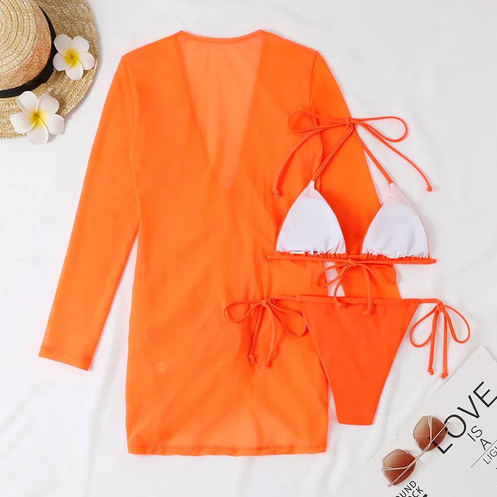 2023 Beach Cover Up And Bikini Set Sexy Swimwear Women Dresses Long Sleeve Mesh Swimsuit Thong Biquini Female Neon Beachwear
