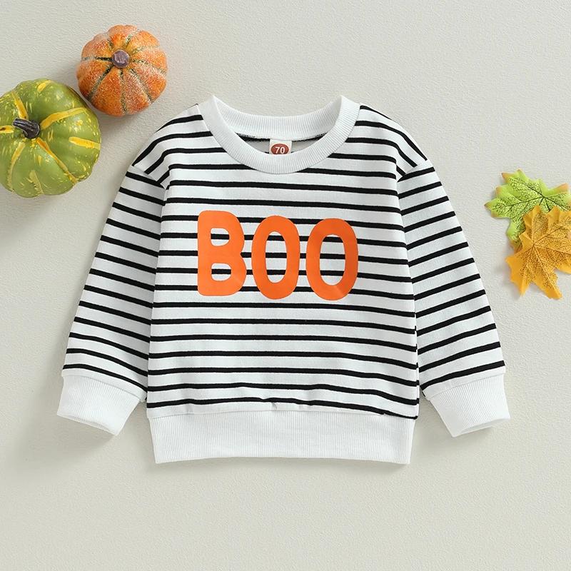 

2023-06-14 Lioraitiin 0-3Years Infant Baby Boy Girl Autumn Pullovers Stripe Letter Print Long-Sleeved Halloween Sweatshirt Tops