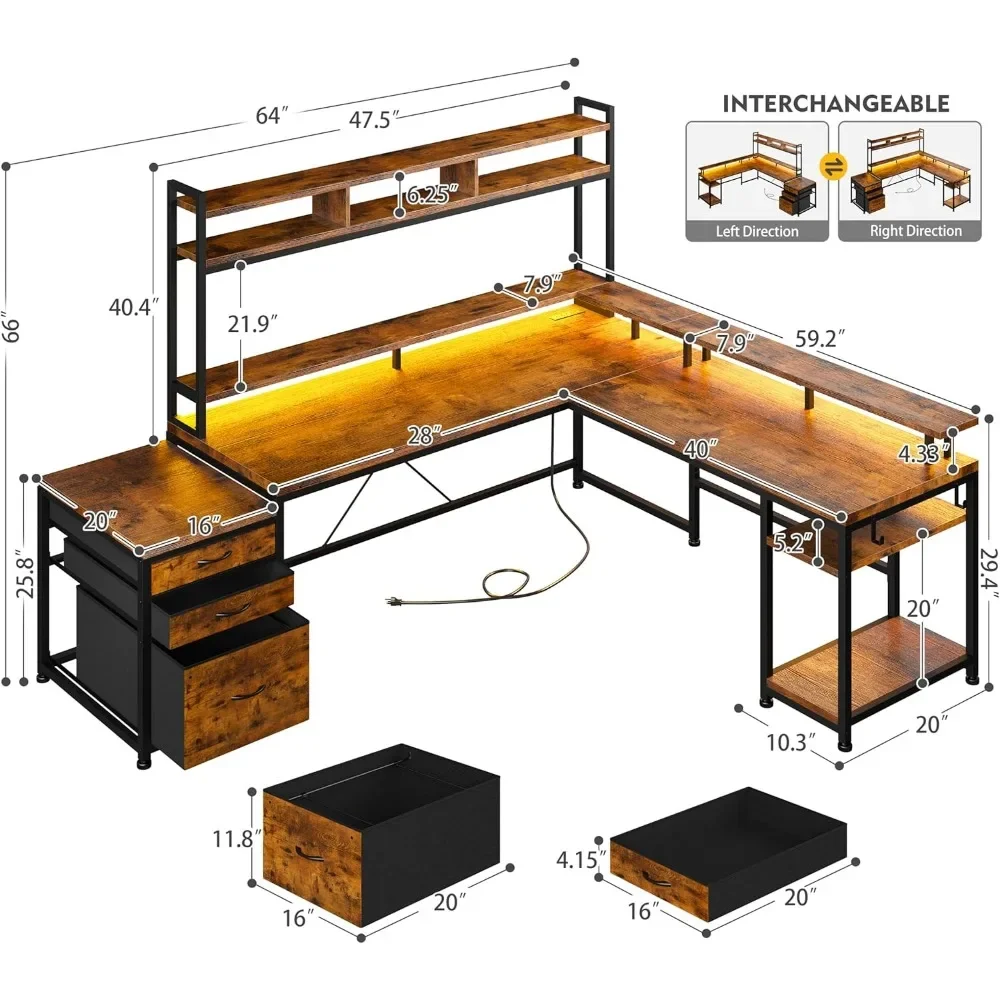L Shaped Gaming Desk, Drawers & Storage Shelf Reversible Computer Desk with Monitor Stand & Power Outlets, LED Gaming Desk 5