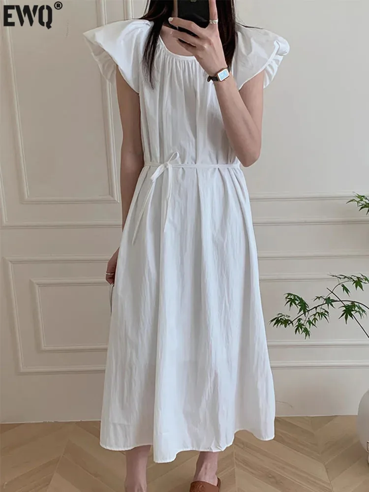 

Женское платье с открытой спиной [EWQ], однотонное длинное платье в Корейском стиле с поясом и рукавами-фонариками, 16U9341, весна-лето 2024