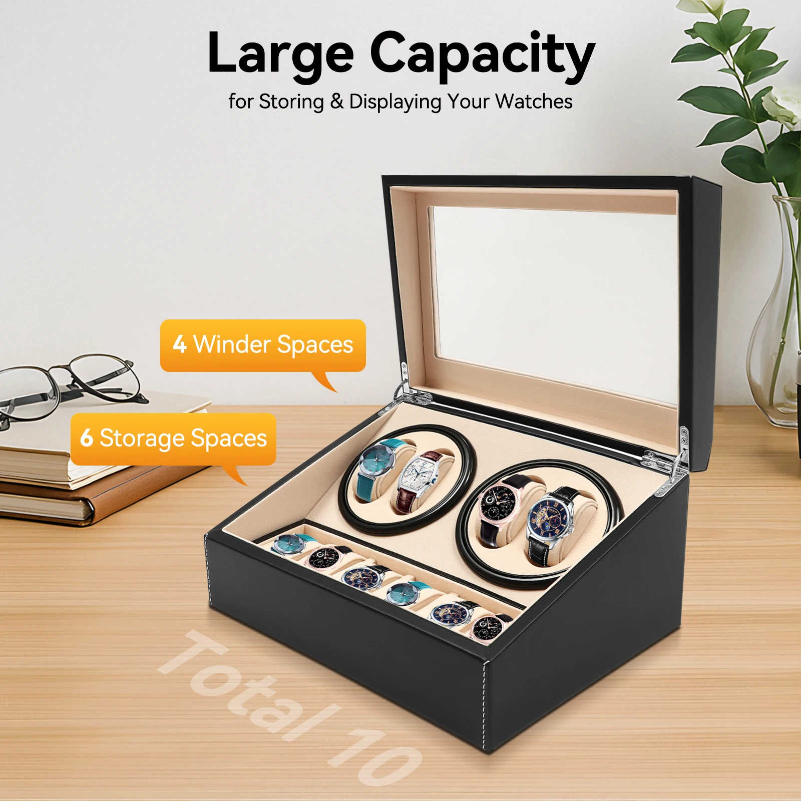 Vintage 4+6 Watch Winder Automatyczny Rotomat do Zegarków Skórzany PU Mechaniczny Pojemnik na Zegarki Pudełko Ekspozycyjne na Biżuterię i Zegarki Etui do Przechowywania