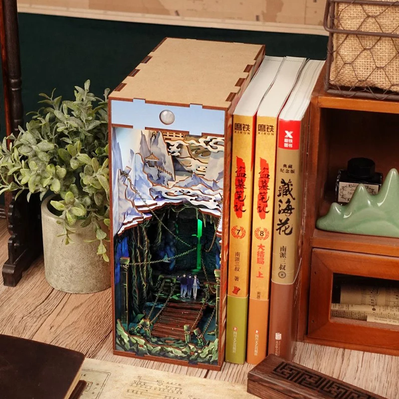 DIY Book Nook Insert Shelf Kits Wooden Miniature Building Kit Chinese Novel Time Raiders Bookend Bookshelf Home Decoration Gifts