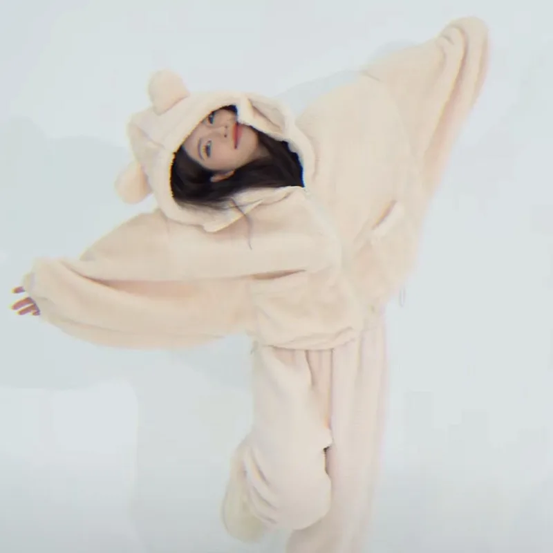 2023 New Autumn and Winter Pajamas Women's Coral Fleece Thick and Warm Loungewear Hood Can Wear Bat Sleeves Flannel Homewear