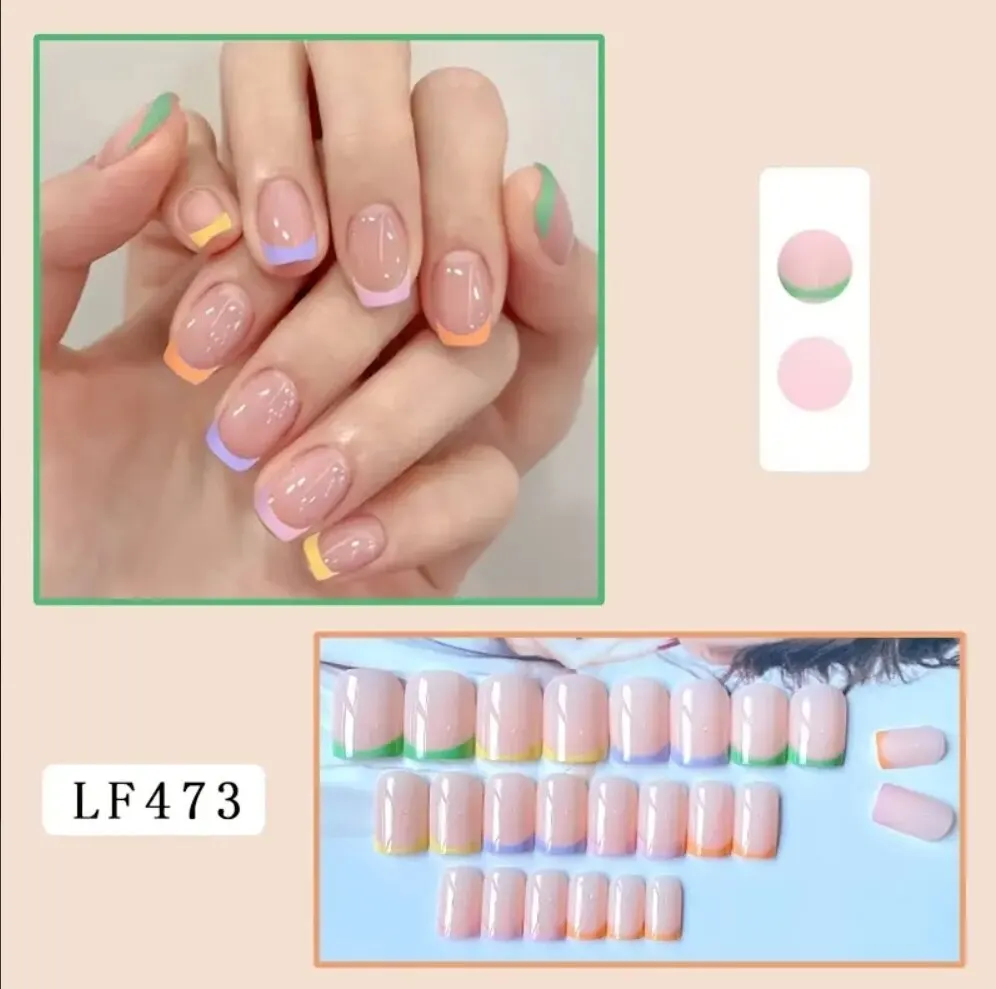 Description Picture 3 of itemSquare Press On Nails Short Fake Nails French Tip Colorful Glue On Nails With Designs 24 Pcs Glossy Acrylic Nails For Women And