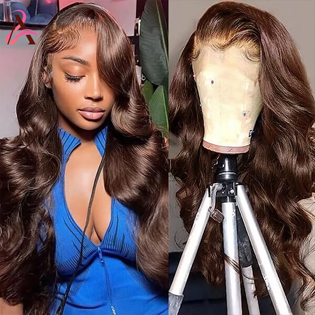 Perruque Lace Front Wig Body Wave naturelle, cheveux humains, couleur marron chocolat, Transparent, 36 pouces, 13x4, brun foncé, Hd, pour femmes 1