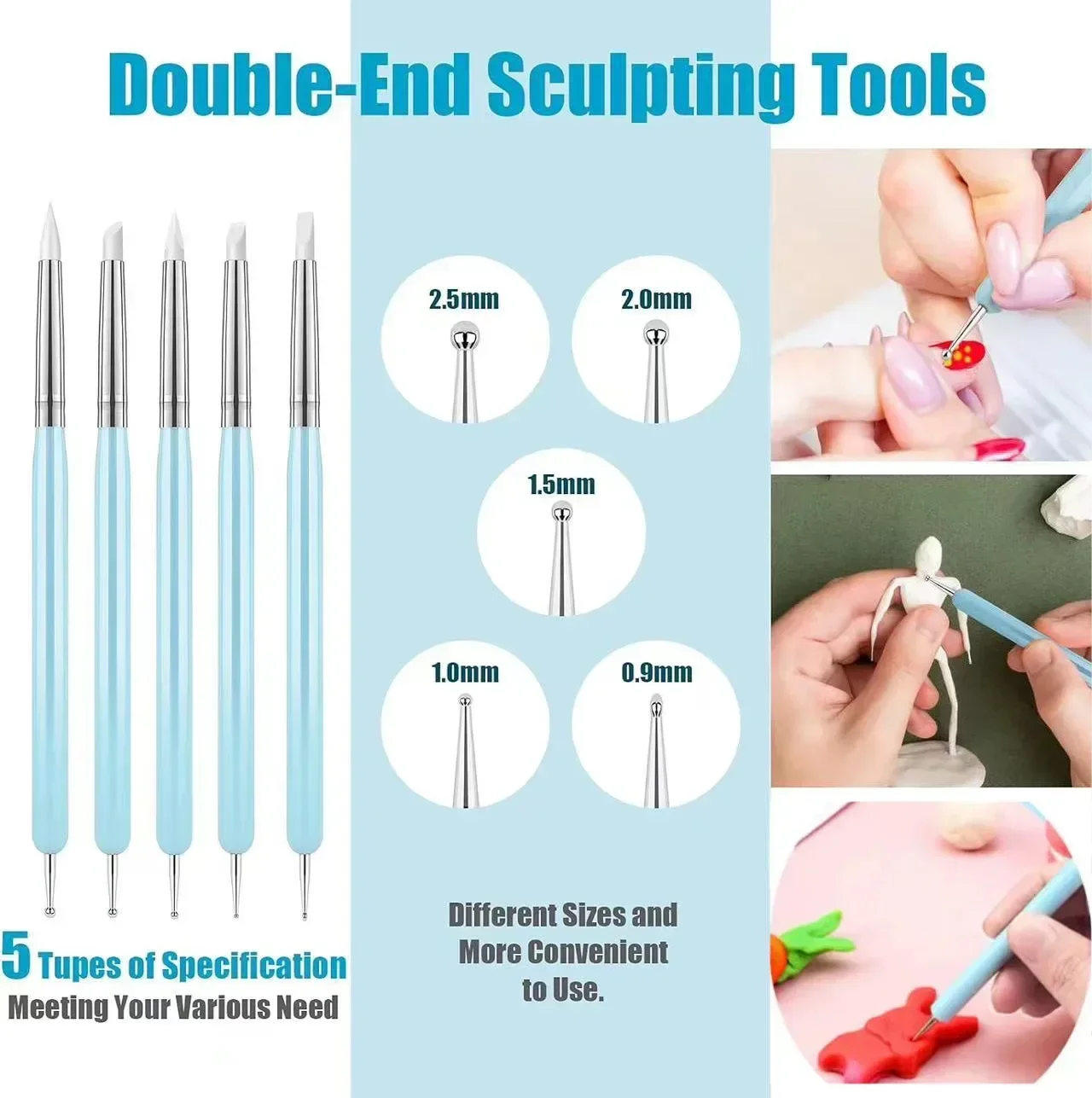 Silicone Clay Sculpting Tool 5PCS for Brush Modeling Dotting Nail Art Pottery Clay Tool DIY Carving Sculpting Tools Soft Head