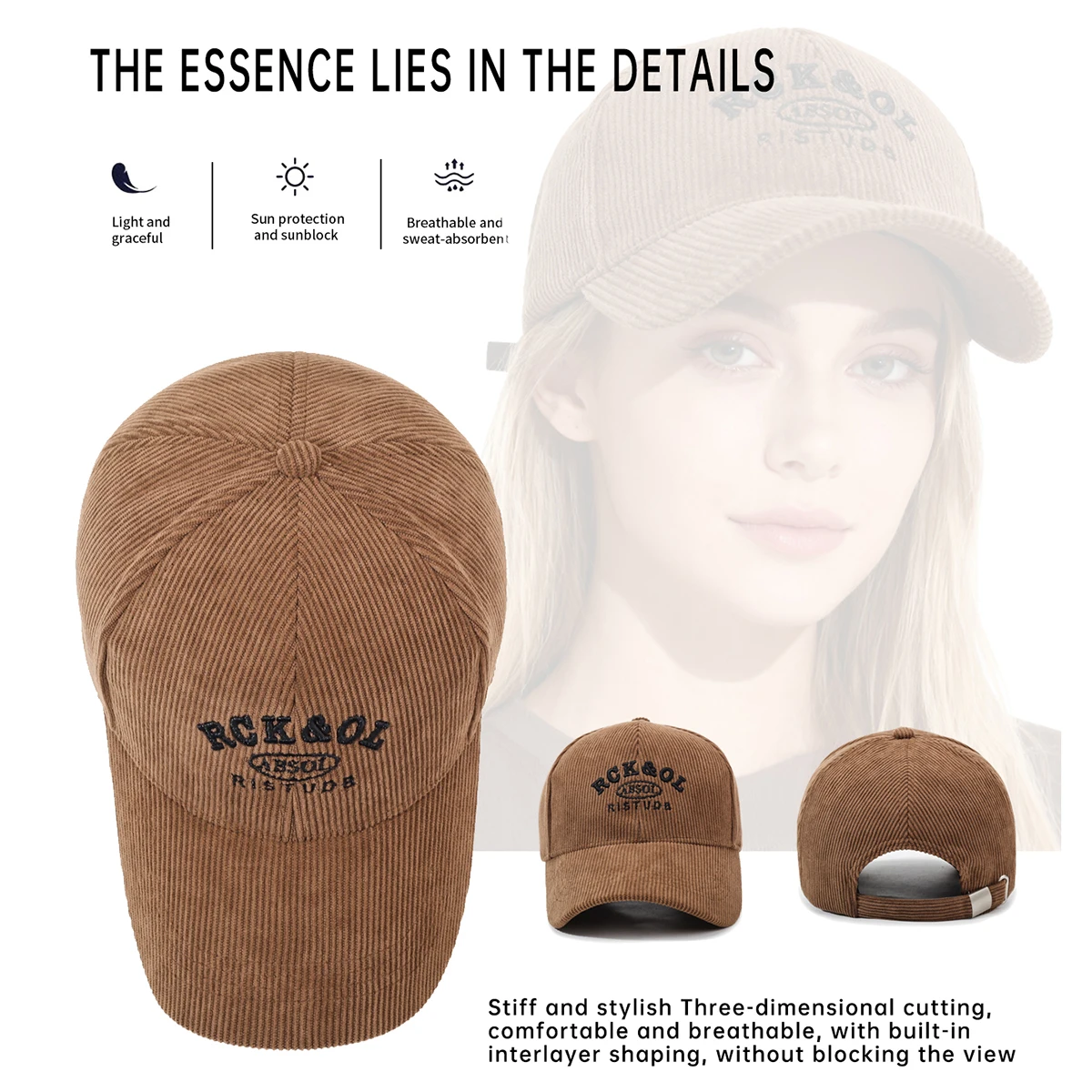 Corduroy Hat for Women, Autumn and Winter, Double-Layered, Thickened, High-End Hard-Brimmed Baseball Cap for Hiking, Face-Slimming Duckbill Cap for Men