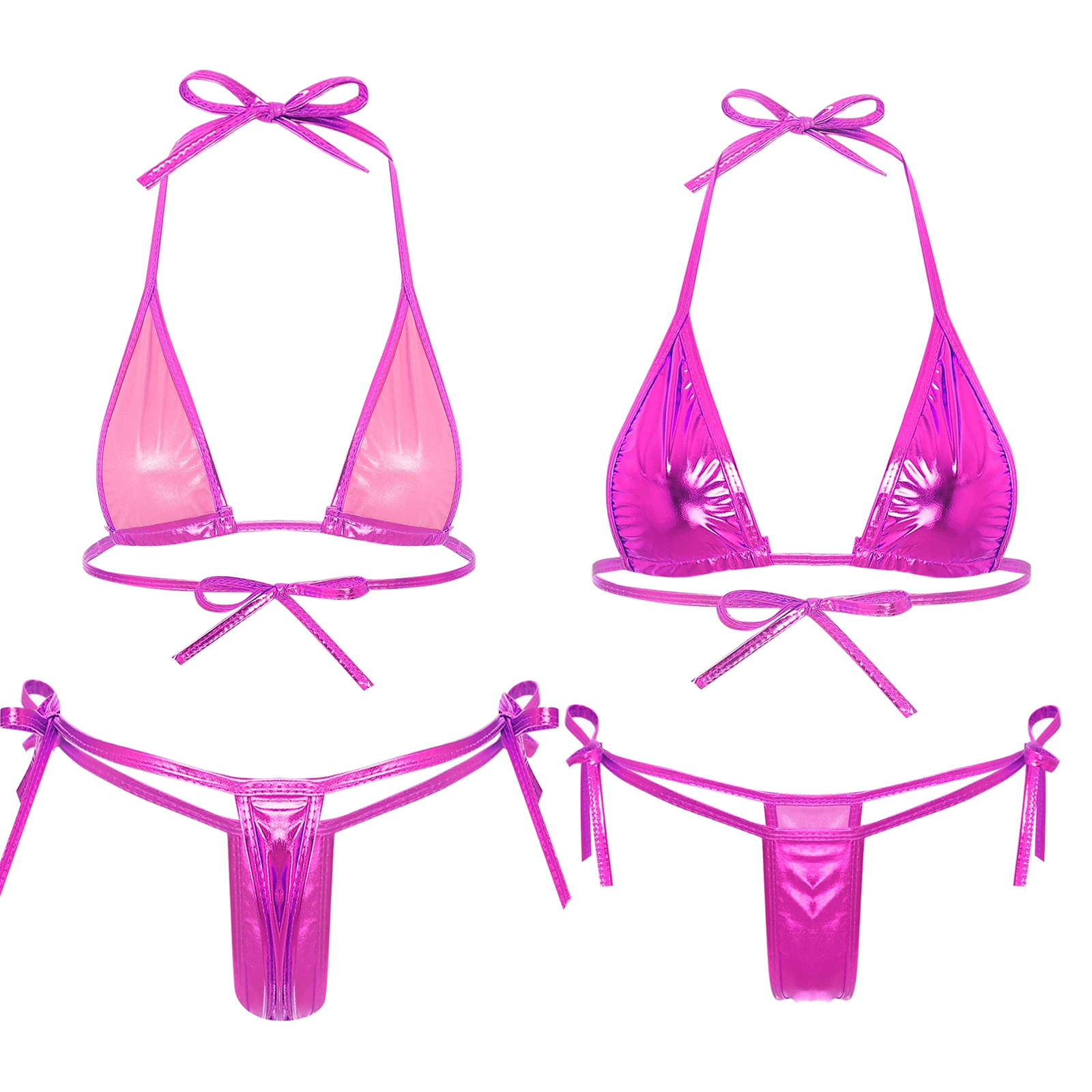 Womens Shiny Metallic Lacing Bikini Swimsuit Non-Padded Triangle Cup Top with G-String Sexy 2-Piece Lingerie Set Nightwear