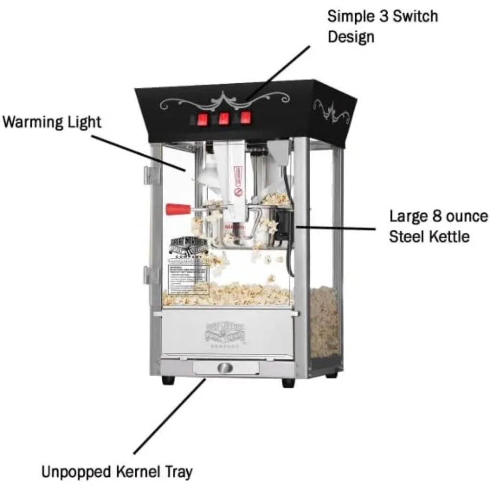 8-ounce popcorn maker with stainless steel kettle, refuse core tray, warm light, and large northern popcorn accessories (black) 2