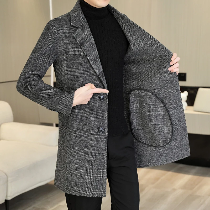 Cappotto di lana scozzese di media lunghezza di alta qualità Autunno Inverno Business Casual Giacca a vento di lana da uomo Capispalla Cappotto superiore spesso 2
