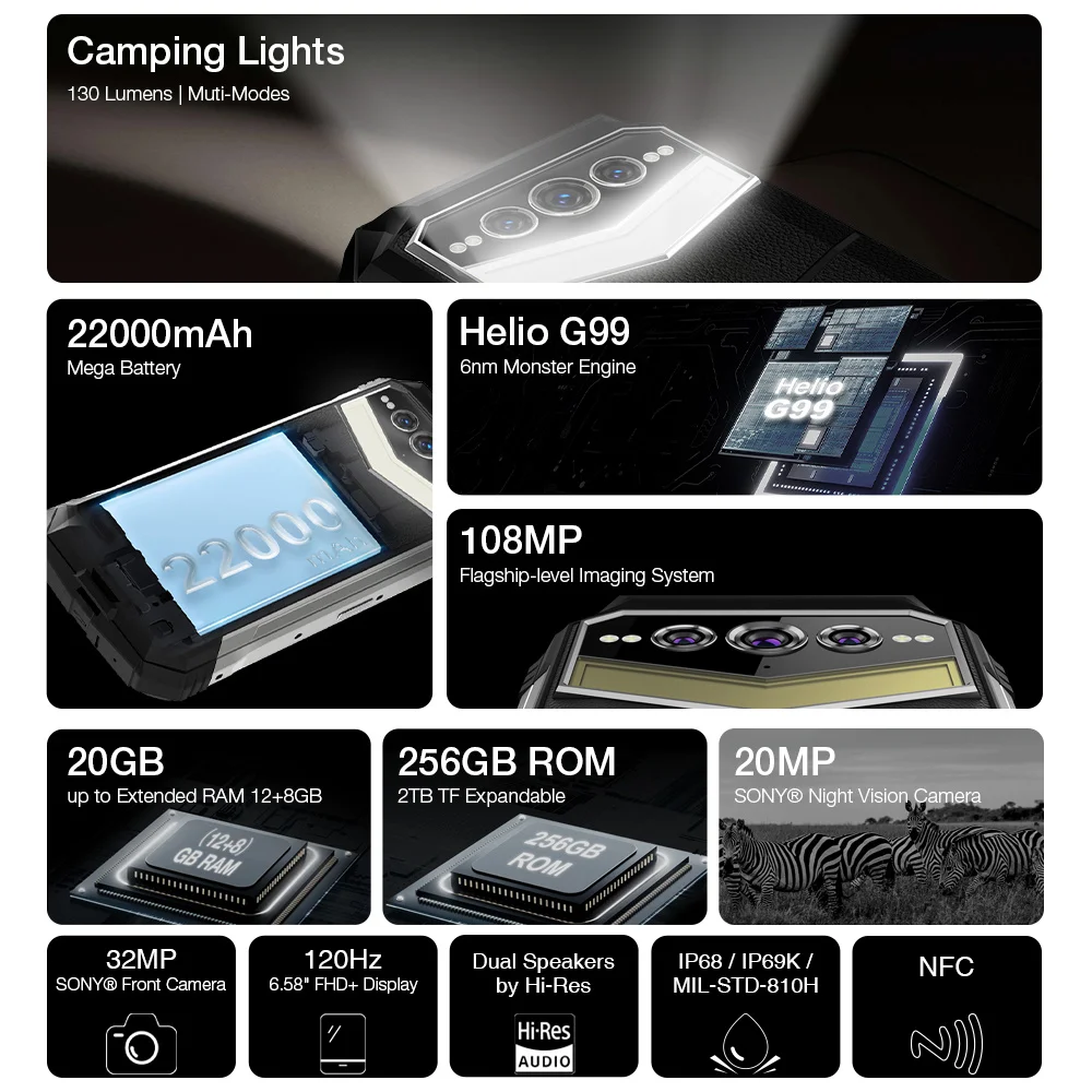 Doogee tel fono inteligente S100 Pro resistente al agua smartphone con Octa Core 12GB 256GB pantalla