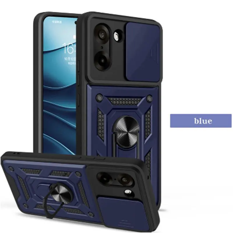 Slide Lens Cover with Magnetic Ring Stand Holder - Shockproof Armor Protection Phone Case