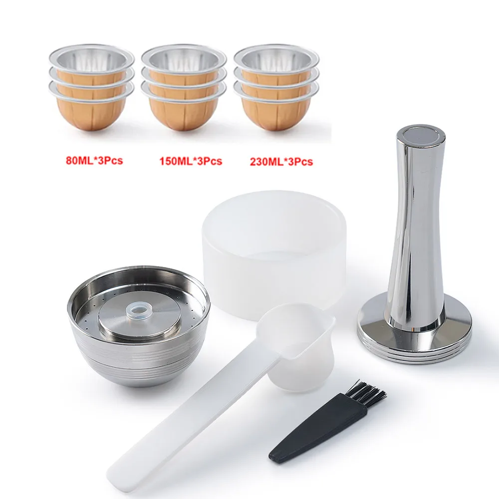 HAILASRE Vertuoline Pop Next - Capsules Réutilisables NS + Dosettes Aluminium 80/150/230ml - 3 Capsules Acier Inox