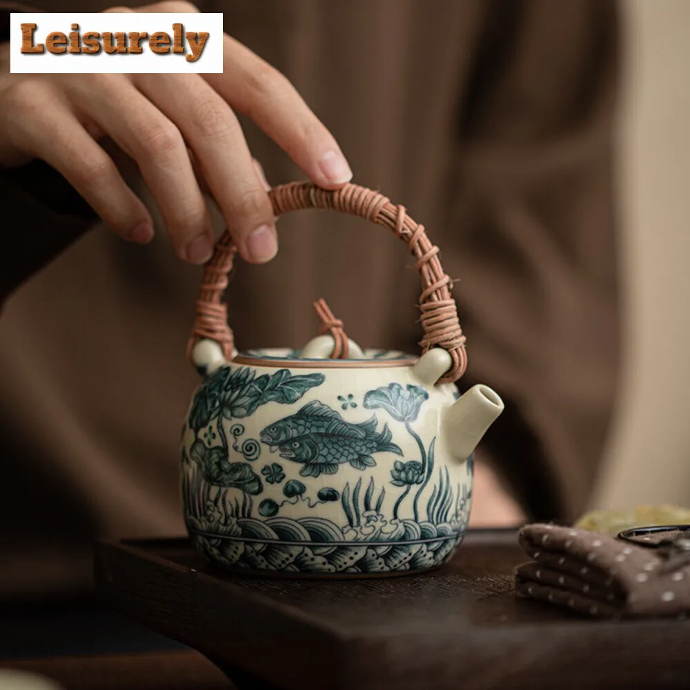 200ml Imitation Song Ru Kiln Teapot Boutique Fish Algae Pattern Vine Weaving Beam Pot Tea Making Kettle Puer Cha Supplies Gift