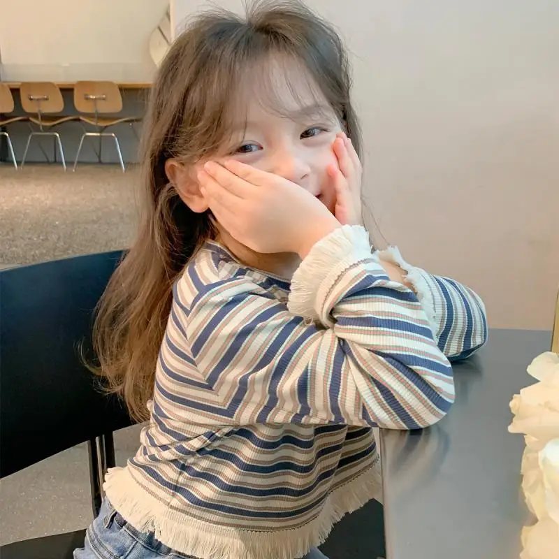 

Girls' T-shirts in Spring and Autumn 2024 New Children's Casual Baby Bottom Shirt Striped Long Sleeve 1-4 Years Old Kids Clothes