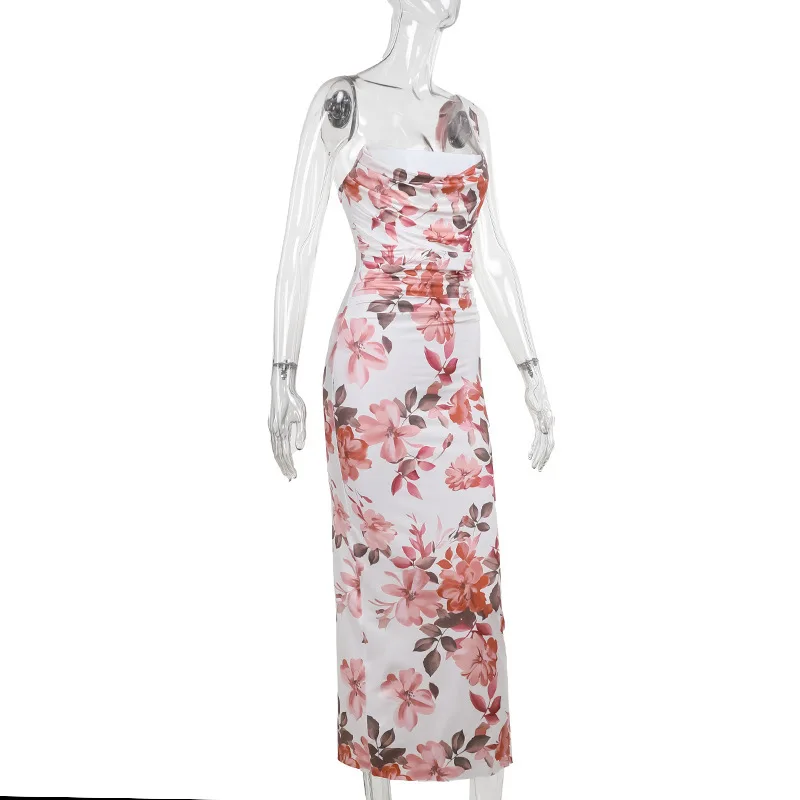 Vestido midi sexy con estampado de un solo hombro para mujer, vestido largo ajustado sin mangas con hombros descubiertos y espalda descubierta para fiesta y club.