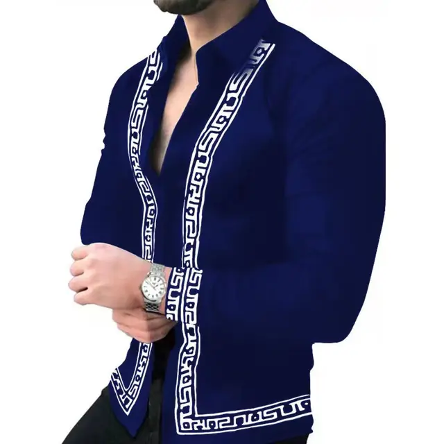 Autumn Men's Printed Hawaii Casual Shirts 2021 Brand Streetwear Men's Clothing Cardigan High-End Long Sleeve Dress Shirt CS-08Navy blue