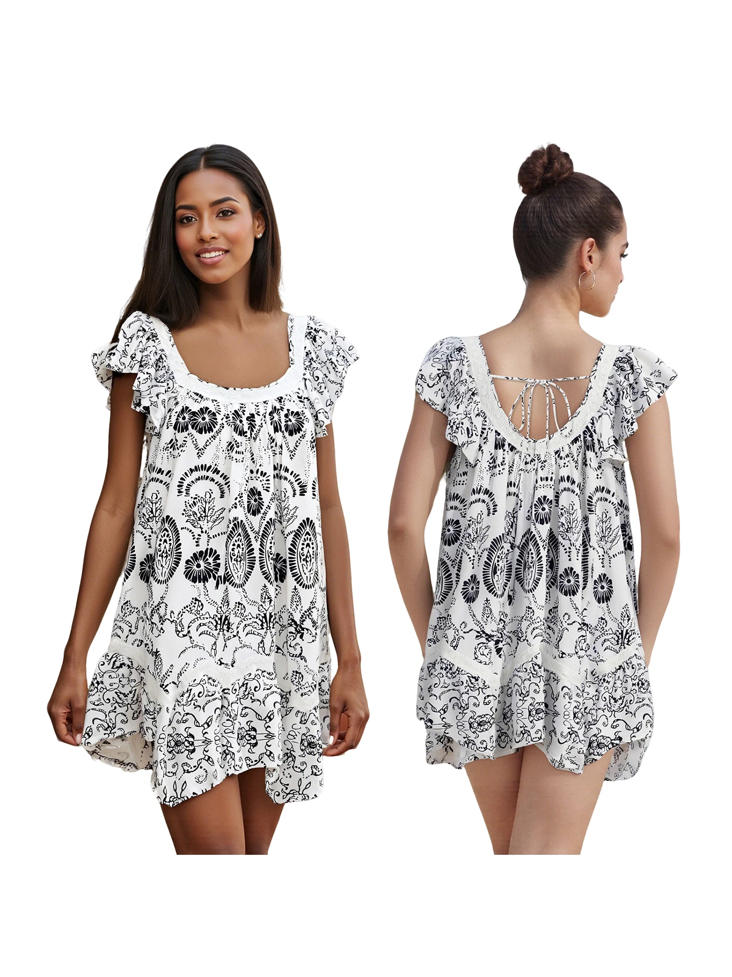 Women s Vintage Lace Trimmed Mini Dress with Ruffled Cap Sleeves and Square Neckline Boho Chic Babydoll Dress for Summer Beach