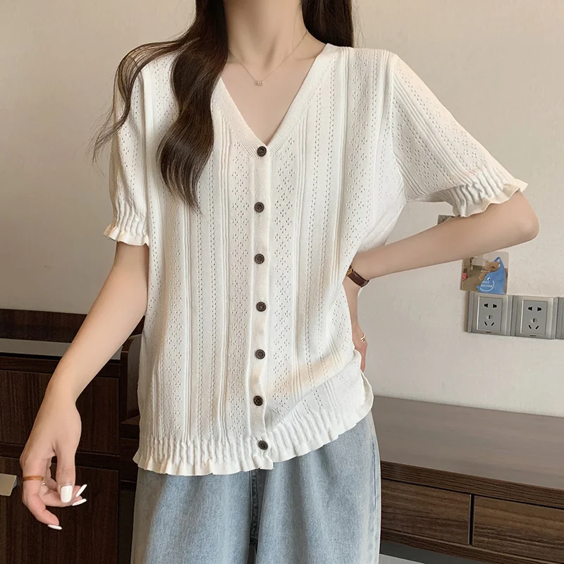 

Женский свободный вязаный кардиган, летний однобортный свитер из вискозы с коротким рукавом и V-образным вырезом, большие размеры