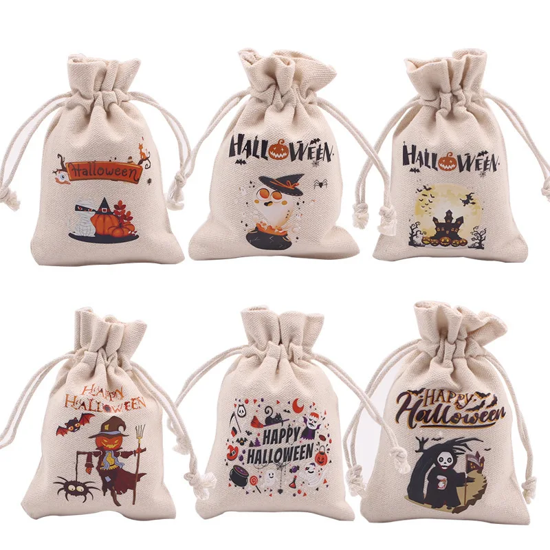 

50pcs/lot Halloween Printed Canvas Drawstring Gift Bag Snack Biscuit Candy Dim Sum Packaging Bag Jewelry Stationery Storage Bag