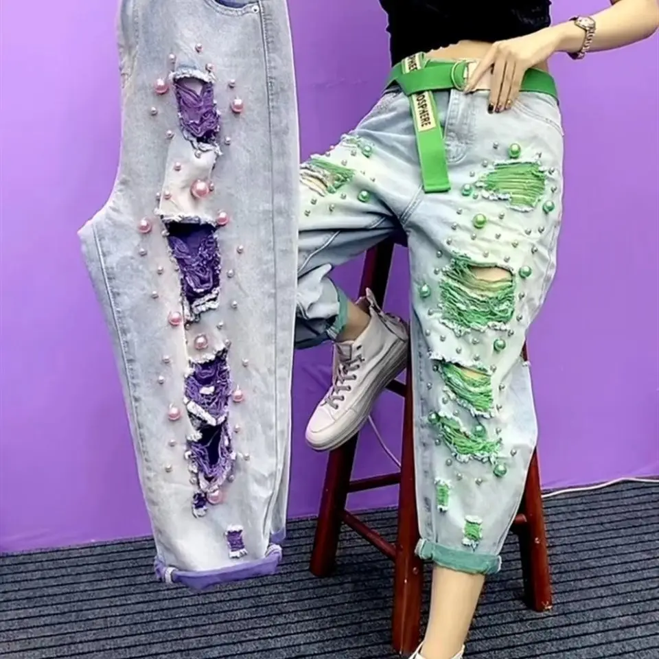 

2023 Summer New Style Beaded And Broken Hole Colored Elastic Free Loose Fashion Thin Jeans For Women