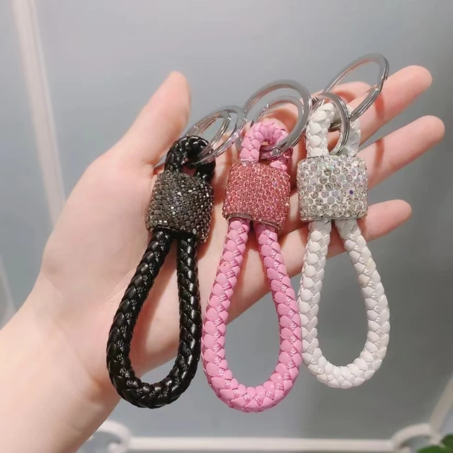 Diamond-set braided rope key chain ring holder for car key ring
