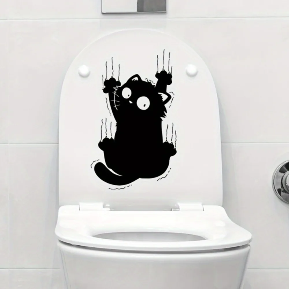 Lucky Cat Funny Black Cat Scratches Toilet Stickers Decorative Bathroom Decals Wall Stickers Self Adhesive Waterproof Home Decor toilet stickers toilet wall stickers toilet seat stickers