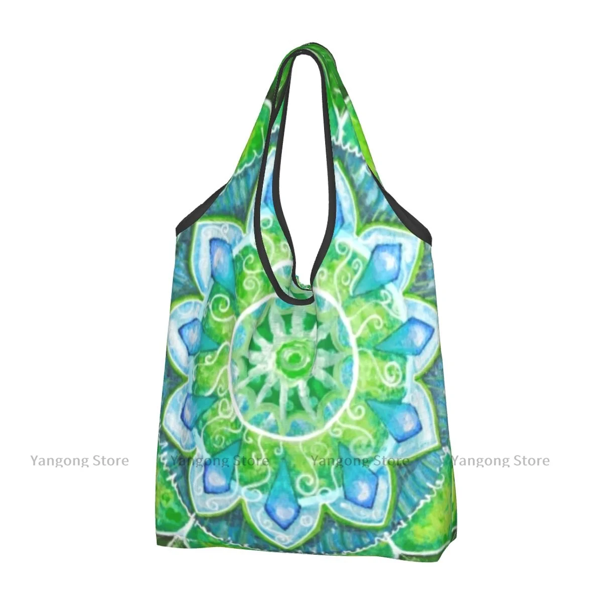 

Mandala Grand Leaf Forms Boho Style Floral Print Eco-friendly Folding Reusable Portable Shoulder Handbag for Travel Grocery Bag